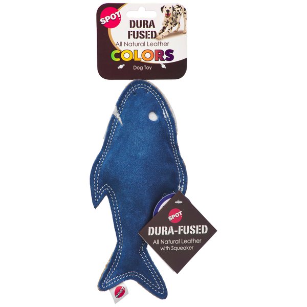 SPOT Dura-Fused Colors Fish - Colorful Leather Dog Toys with Squeaker, Made with Real Leather and Jute Fabric, Durable Stuffed Toy for Dogs and Puppies, 7in, Color and Style May Vary