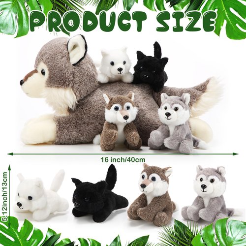 Shappy 5 Pcs Wolf Family Stuffed Animals Set 16 Inch Mommy Wolf Plush Toys with 4 Small Wolf Plushies in Her Zippered Tummy for Birthday Return Gifts Operation Christmas Bulk Items for Boys Girls