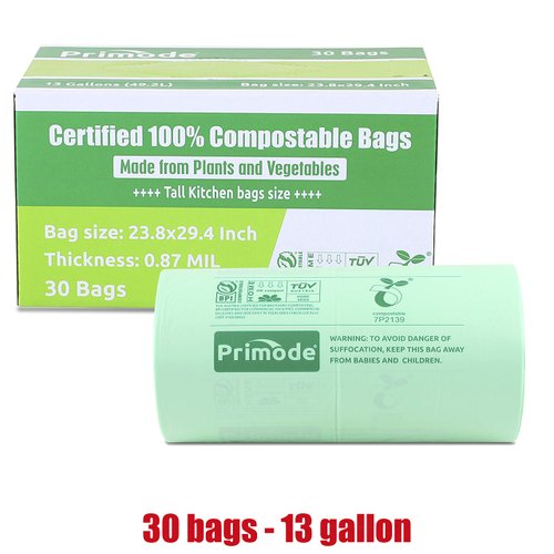 Primode 100% Compostable Trash Bags 13 Gallon | 30 Count Tall Kitchen Compost Bags, Food Waste Bags, Certified Compost Bags, Certified by BPI and TUV, Extra Thick 0.87