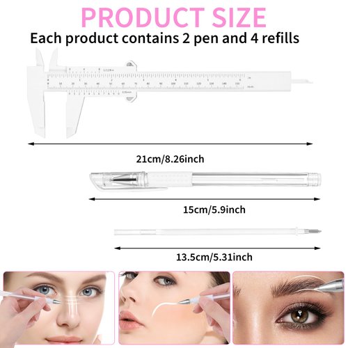 Abeillo Eyebrow Microblading Marker Pen, 2 Pcs Brow Mapping Pens with with 4 Replacement Refills and 1 Ruler, Makeup Tattoo Skin Marker Pen, Brow Lamination Supplies for Eyebrow Lip Skin(White)