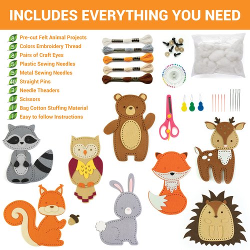 Craftorama Sewing Kit for Kids, Fun and Educational Animal Craft Set for Boys and Girls Age 7-12, Sew Your Own Felt Animals Craft Kit for Beginners, 165 Piece Set