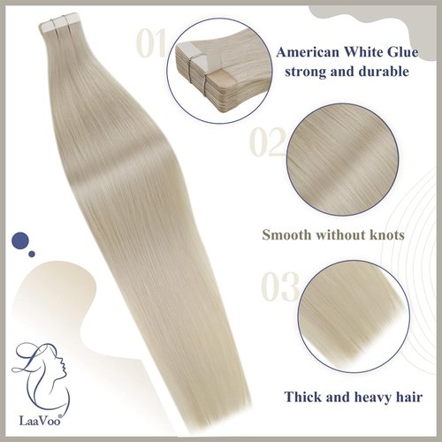 LaaVoo Tape in Hair Extensions Platinum Blonde Human Hair Extensions Tape in 16 Inch White Blonde Hair Extensions Human Hair Tape in Double Sided Soft 20pcs 40g