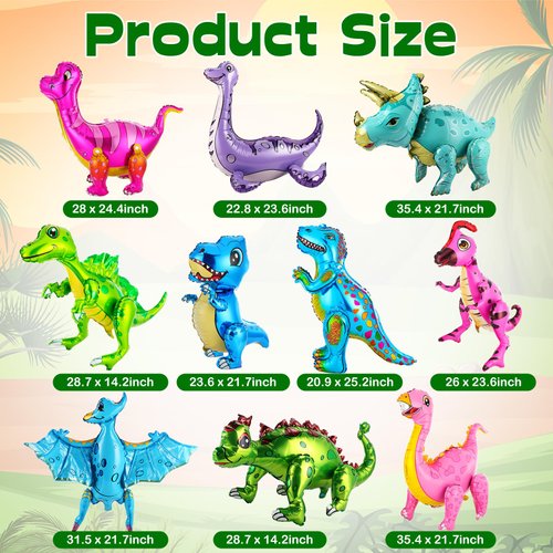 Foilswirl 10 Pcs Giant Dinosaur Balloons 4D Dino Aluminum Foil Balloons Self Standing Dino Balloons Dinosaur Birthday Decorations Inflatable Dinosaur Balloons for Jungle Theme Party(Colorful)