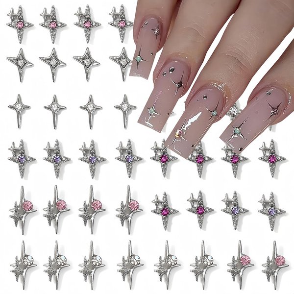 40Pcs Silver Star Nail Charms, 3D Stars Nail Art Charms for Acrylic Nails Shiny Alloy Crystal Star Nail Gems Nail Jewels Star Nail Rhinestones Nail Art Supplies for Women and Girls DIY Nail Decor