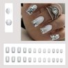 24 Pcs French Tip Press on Nails Medium Square False Nails Silver Glitter Full Cover Glue on Nails Bling Sequins Fake Nails Silver White Acrylic Coffin Nails Stick on Nails for Exquisite Women DIY