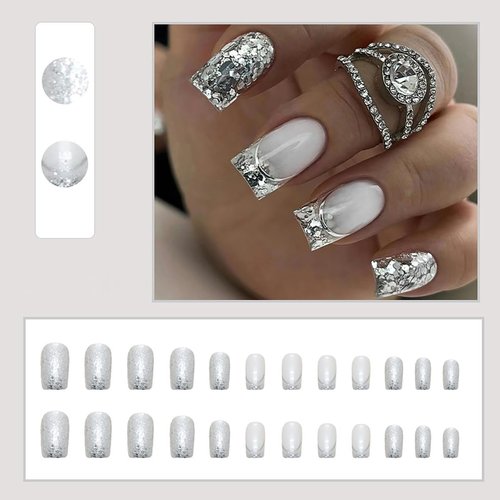 24 Pcs French Tip Press on Nails Medium Square False Nails Silver Glitter Full Cover Glue on Nails Bling Sequins Fake Nails Silver White Acrylic Coffin Nails Stick on Nails for Exquisite Women DIY