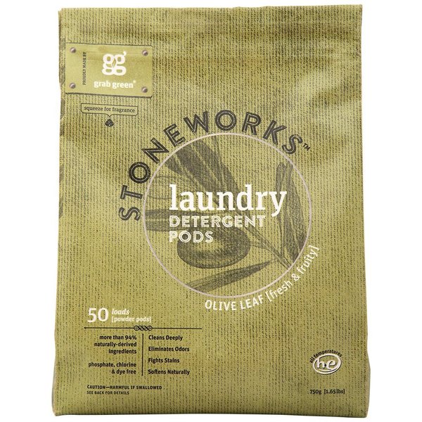 Grab Green Stoneworks Laundry Detergent Pods, Olive Leaf, 50 Count (Pack of 1) Loads-EPA Safer Choice Certified, Powered by Naturally-Derived Plant & Mineral-Based Powder Pods