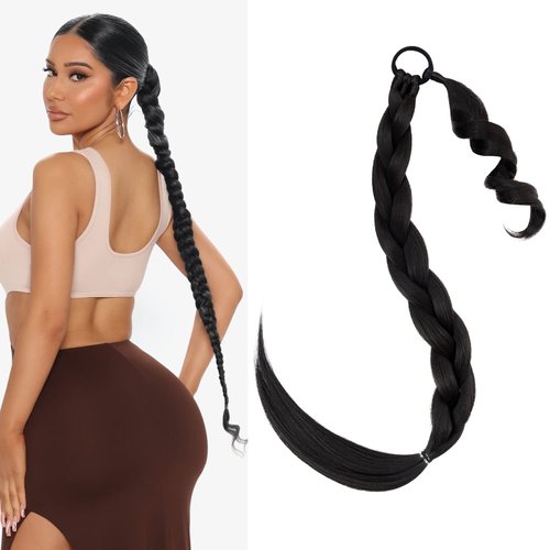 Hairro Long Ponytail Extension DIY Wrap Around Ponytails With Hair Tie Synthetic Natural Sleek Yaki Braiding Pony Tails Hairpiece For Daily Wear 34 Inch #4 Medium Brown
