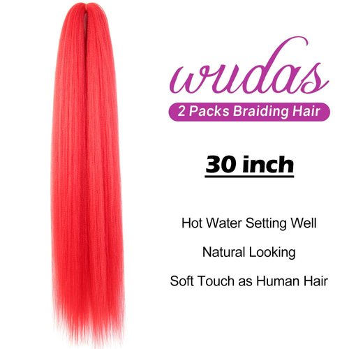 WUDAS Red Braiding Hair 30 Inch Long Pre Stretched Hair Straight Yaki Texture Synthetic Hair Extensions Softness, 2 Packs