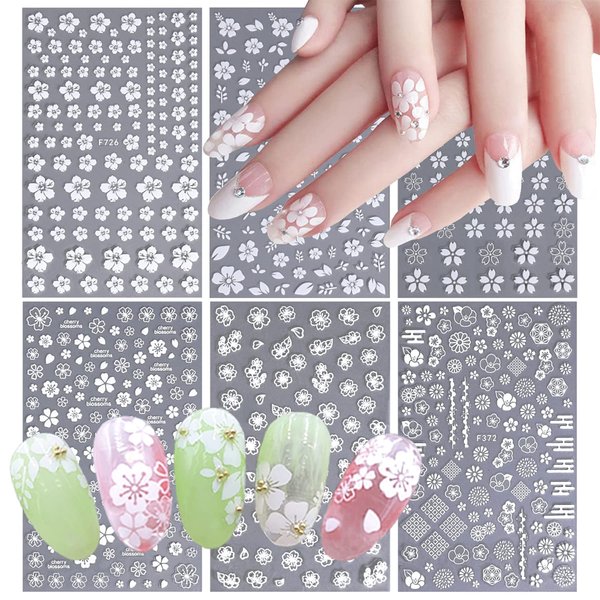 6 Sheets Flower Nail Art Stickers White Flower Nail Decals Cherry Blossom Leaves Nail Designs 3D Self-Adhesive Nail Art Supplies Floral Nail Stickers Manicure Decoration Accessories for Women
