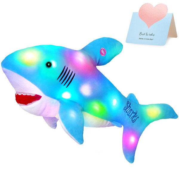 BSTAOFY 20'' LED Shark Soft Plush Toy Night Light Up Stuffed Animal Ocean Life Luminous Glow in The Dark Bedtime Companion Gifts for Kids Friends Birthday Valentines Christmas Festivals, Blue