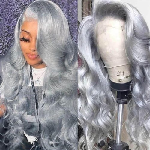 Mscathy 200% Grey Body Wave Lace Front Wigs Human Hair Pre Plucked Grey Human Hair 13×4 Front Wigs Glueless Silver Lace Front Wigs for Women (24 Inch, Grey body wave)