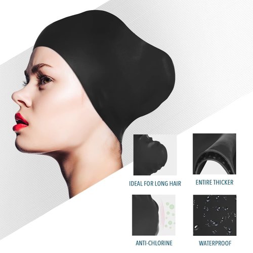 Womens Silicone Swim Cap for Long Hair,3D Ergonomic Design Silicone Swimming Caps for Women Kids Men Adults Boys Girls with Ear Plug and Nose Clip(Black/M)
