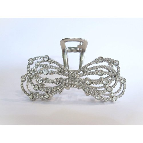 Generic Silver metal bow clear crystal hair claw clip bridal clip for medium fine hair