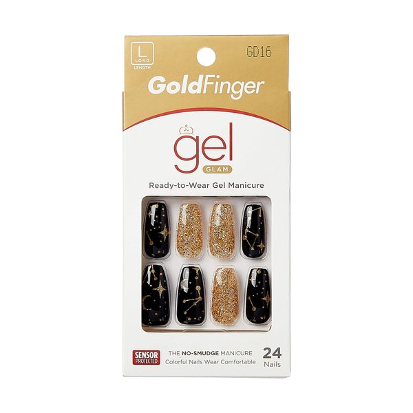Gold Finger Gel Glam Design Nail, Press On Nails, Gel Nail Kit, Polish Free Manicure Long Length (GD16)