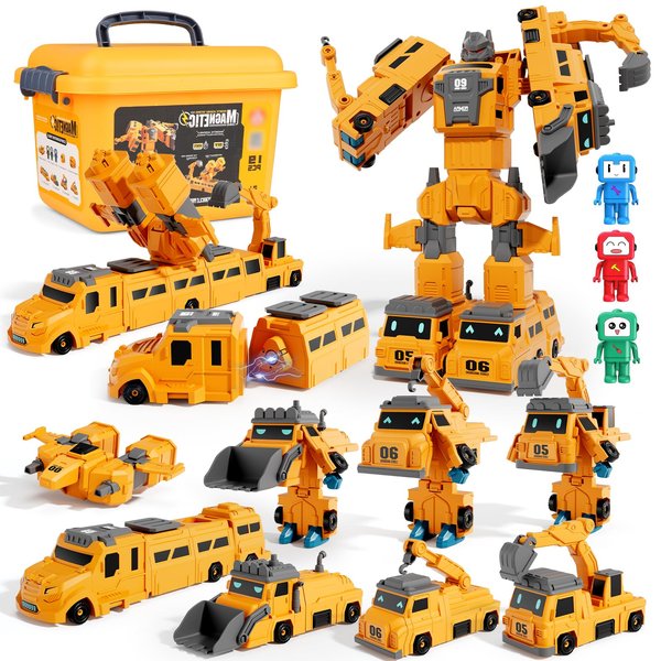 Magnetic Transform Engineering Car for Boys 4-6, Transforming Robot Toys for Kids 5-7, 10 in 1 Construction Vehicles Sets, Boy Birthday Chiristmas Gifts for Boys Age 3 4 5 6 7 8