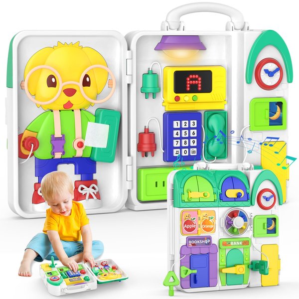 Montessori Toys for 1-2 Year Old Boy Girl, Bilingual Busy Board for Toddlers 1-3, Educational Toddlers Toys for Ages 0-2, Birthday Gifts for 1+ Year Old, Developmental Baby Toy 12-18 Month
