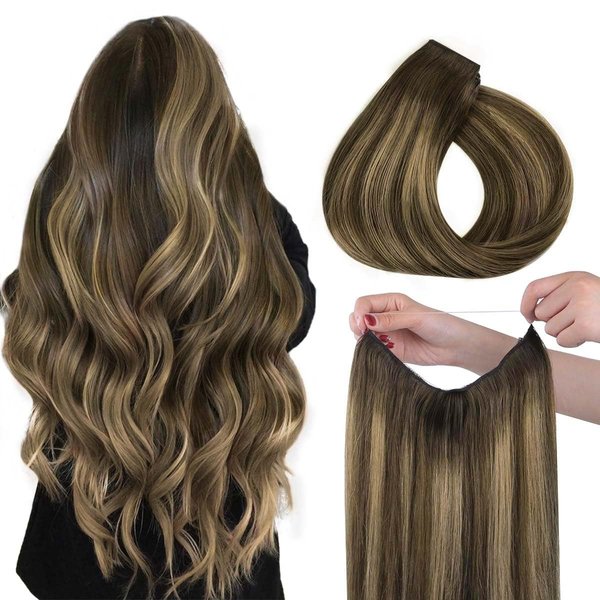 HOTBANANA Wire Hair Extensions, 12 inch 70g Chocolate Brown to Caramel Blonde Fish Line Hair Extensions Real Human Hair Straight Invisible Wire Hair Extensions Remy Hair Extensions