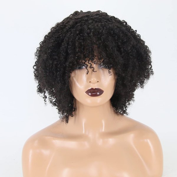zigzag hair Afro Kinky Curly Wig with Bangs Human Hair,Full Machine Made Scalp Top Wig 250% Density Natural Hair Wig for Black Women Short Curly Bang Wig (12 Inch)