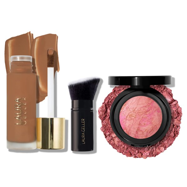 The Classic Matte Look - Liquid (3 PC) LAURA GELLER NEW YORK Double Take Liquid Foundation Deep, Retractable Kabuki Brush, Baked Blush-n-Brighten Pink Buttercream