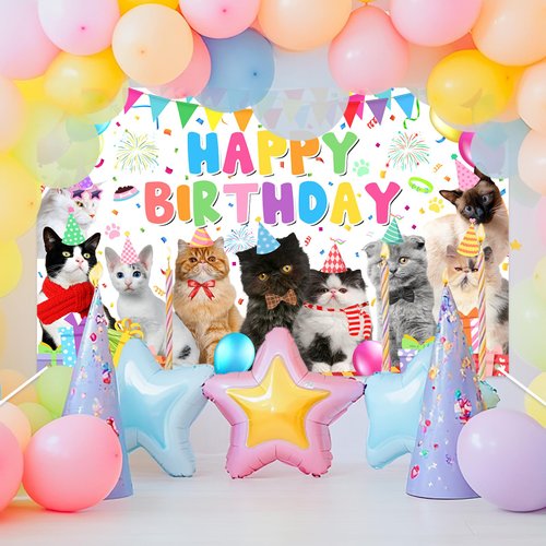 Avezano Cat Happy Birthday Backdrop Cat Birthday Sign Banner Pet Cat Paw Theme Birthday Party Decorations Kitties Cat Themed Birthday Party Supplies 70.8 x 43.3 Inch