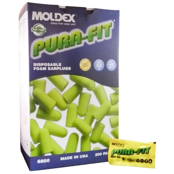 Moldex 6800 Pura-Fit Soft-Foam Earplugs, Uncorded Tapered Style, Green (Pack of 200) - MS92210