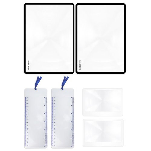 MAGDEPO 3X Page Magnifying Lens 4.75" x 7" Combo-Set 2 Bookmark Magnifier with Ruler & 2 Card Magnifier for Reading Books, Magazine, Newspaper, and People with Low Vision.
