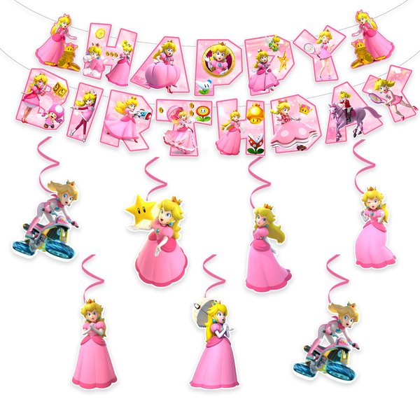 13Packs Princess Peach party supplies Include 12 pcs Hanging Swirls and 1 Happy Birthday Banner for Princess Peach party Decoration