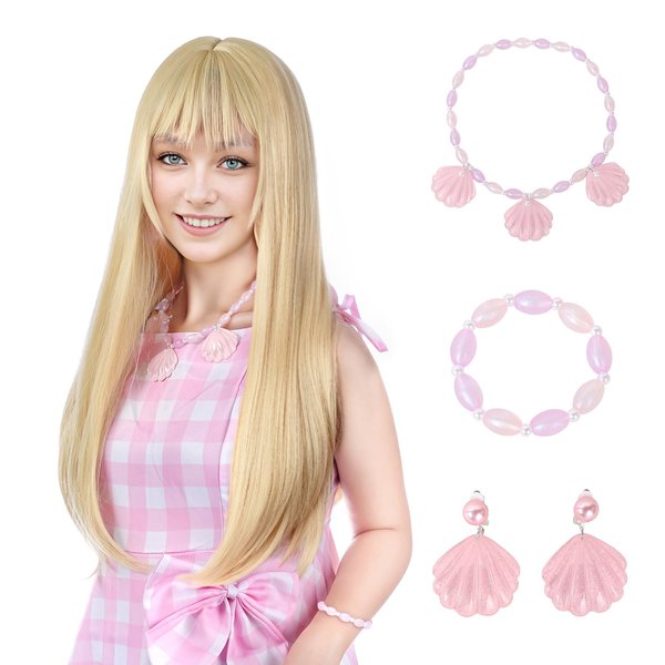 MUPUL Blonde Wig With Bangs Long Blonde Cosplay Wig Straight Halloween Costume Wigs For Women