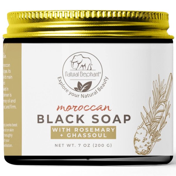Natural Elephant Moroccan Black Soap 7oz Traditional Hammam Beldi Soap 100% Natural for exfoliating and cleansing (Rosemary Essential Oil and Ghassoul Clay 200g (7oz))