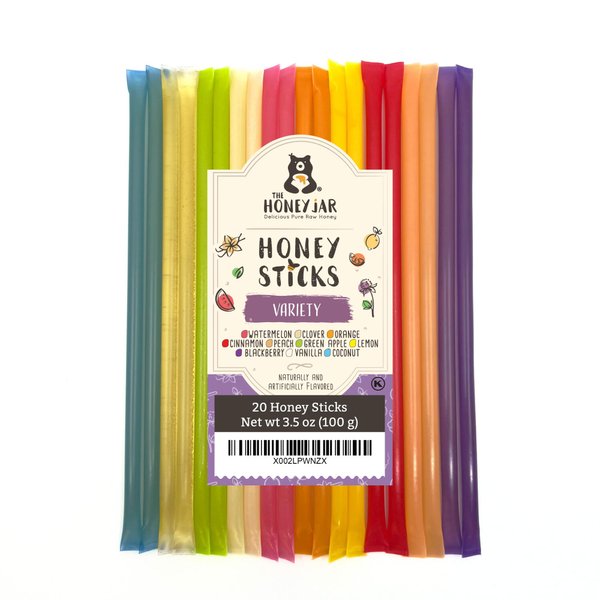 The Honey Jar Variety Pack Honey Sticks - Pure Honey Straws For Tea, Coffee, or a Healthy Treat - One Teaspoon of Flavored Honey Per Stick - Made In The USA with Real Honey - (20 Count)