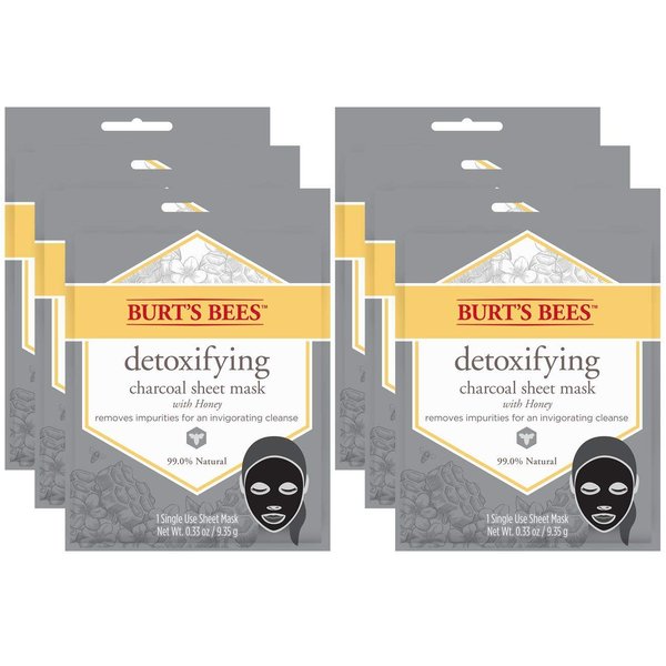 Burt's Bees Detoxifying Charcoal Facial Sheet Mask, Single Use Face Mask, 1 Count, Pack of 6 (Package May Vary)
