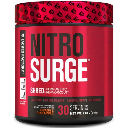 Jacked Factory NITROSURGE Shred Pre Workout Supplement - Energy Booster, Instant Strength Gains, Sharp Focus, Powerful Pumps - Nitric Oxide Booster & PreWorkout Powder - 30Sv, Orange Pineapple