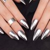Silver Chrome Press on Nails Almond Fake Nails with Medium False Nails Design Acrylic Artificial Nails Glossy Glue on Nails Full Cover Stick on Nails for Women Girls Manicure Art 24Pcs