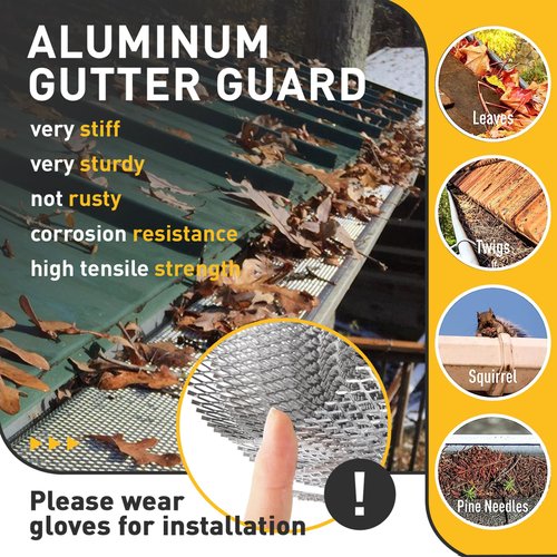 Gutter Guard 5 Inch x 50 Feet Roll, Aluminum Leaf Filter Gutter Protection, Leaf Guard Protects from Branches, Leaves, Debris, Easy Install, Does Not Rust