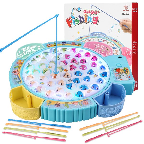 Pakoo Light Up Fishing Game Toys, Rotating Board Game with Music Including 45 Fishes and 8 Fishing Poles, Party Game Toys for Kids Age 4 5 6 7 8 and Up