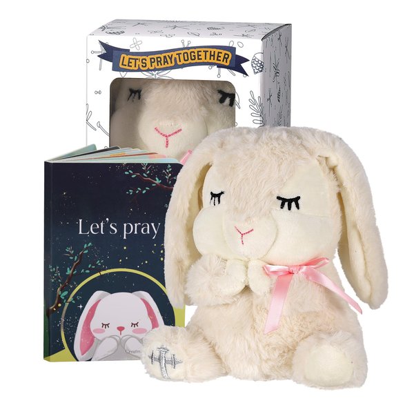 VUNCESSIN Baptism Gifts for Girls, Baby Dedication Gift, Christening Gifts for Baby Girls, Baptism Gifts Set Include 7'' Plush Bunny and Let's Pray Book in Keepsake Box.