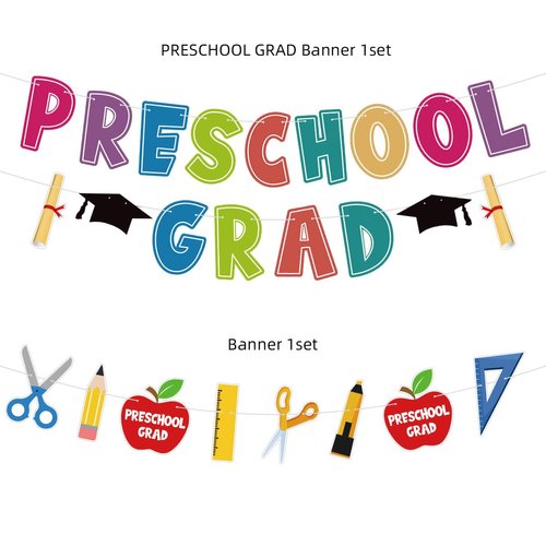 Preschool Graduation Banner 2024, Preschool Graduation Party Decorations 2024, Elementary Graduation Party Supplies Kindergarten Pre K Congrats Grad Supplies (Pre-assembled) - 3Packs