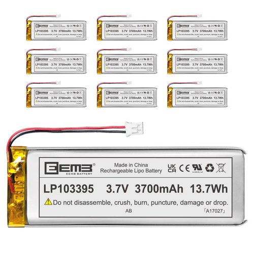 10X EEMB 3.7V Lipo Battery 3700mAh 103395 Rechargeable Lithium Polymer ion Battery Pack with JST Connector (UL Certified for Cell) Make Sure Device Polarity Matches with Battery Before Purchase!!!
