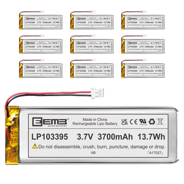 10X EEMB 3.7V Lipo Battery 3700mAh 103395 Rechargeable Lithium Polymer ion Battery Pack with JST Connector (UL Certified for Cell) Make Sure Device Polarity Matches with Battery Before Purchase!!!