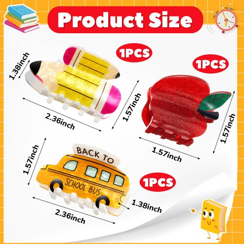 Yuxung 3 Pcs Pencil School Bus and Apple Hair Claw Clips Back to School Teacher Hair Clips Cute Hair Jaw Barrettes for Women Teachers Appreciation Gift Thick and Thin Hair Accessories