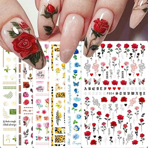 Flower Nail Art Stickers Decals 6Sheets Spring Rose 3D Self-Adhesive Nail Stickers Flowers Rose Butterfly Design Nail Decals for Nail Art Women Girls Acrylic Nails Decorations DIY Nail Art Supplies