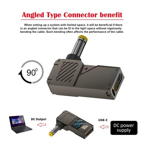 Xiwai USB-C PD 65W Charge Adapter Type-C Input to DC 5.5x2.5mm Barrel Jack Plug Smart LED Digital Display 100W Output 20V 5A Charger Connector for Laptop