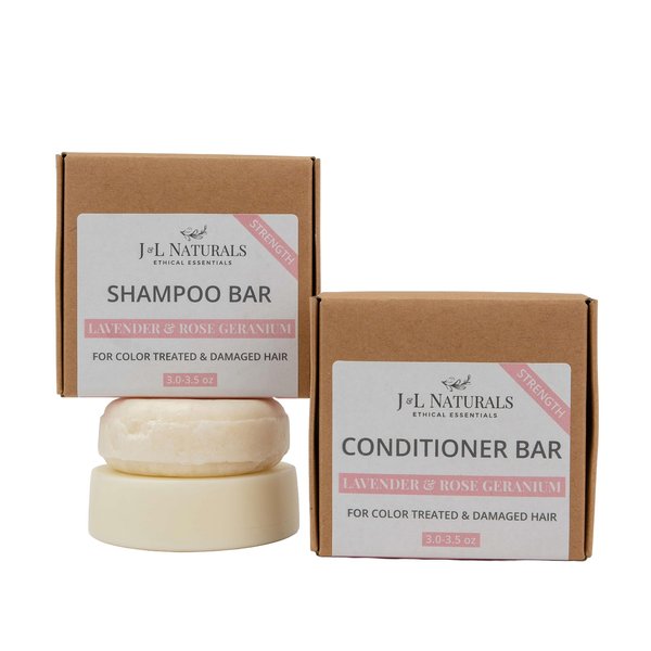 J&L Naturals Shampoo + Conditioner Bar Set | For Color Treated + Damaged Hair | Made in US | Zero Waste, Sulfate Free, Paraben Free, Vegan (Strength (Lavender & Rose Geranium), Full Size Set