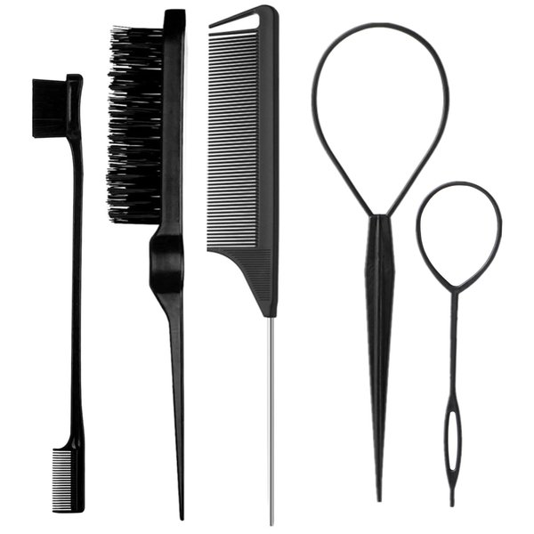 5Pcs Slick Hair Brush Set with 2Pcs Topsy Hair Tail Tool 1Pcs Bristle Teasing Hair Brushes 1Pcs Edge Brush 1Pcs Rat Tail Comb Woman,Girls,Hair Flyaways Styling,Edge&Back Combing biack