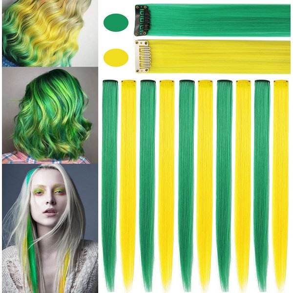 SARARHY Multi-colored Hair Extensions Colored Party 21inch Highlights Straight Green Yellow Hair Extension Clip In/on For girls and Women Costume Wig Pieces 10 PCS (Green Yellow)
