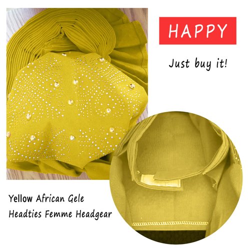 Nigerian for Women Turban Head Wrap African Gele Headties Femme Handmade Sewing Fashion Head Tie for Party (Yellow)
