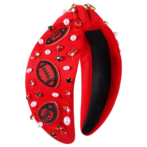 YAHPERN Game Day Headband for Women, Crystal Pearl Knotted Headbands Sports Baseball Football Headband Jeweled Wide Top Knot Headband Game Day Hair Accessories Sports Fan Gifts (Football Black&Red)