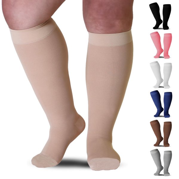Mojo Compression Socks for Women and Men 20-30mmHg Knee High - Unisex Compression Stockings for Improving Circulation during Travel, Flights, Airplane - Beige, Small - AB201