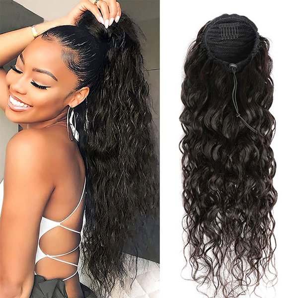Water Wave Ponytail Human Hair Drawstring Ponytail Extension Clip in Hair curly Straight Natural Black onytails for Women Clip in on Ponytail Hair Extensions (22 Inches,130g)